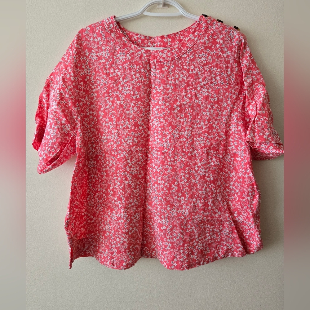 M&S  18 Pink Sorbet Pure Linen top with short sleeve & button detail at …